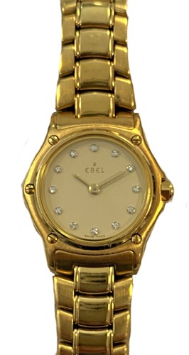 Lot 386 - Ebel - An 18ct gold 'Sport Classic Mini' wristwatch with diamond dot dial