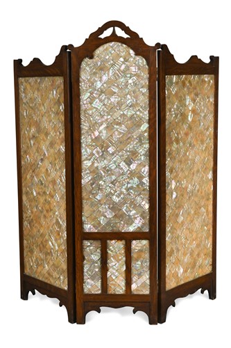 Lot 610 - A small oak and abalone three-fold screen, circa 1900