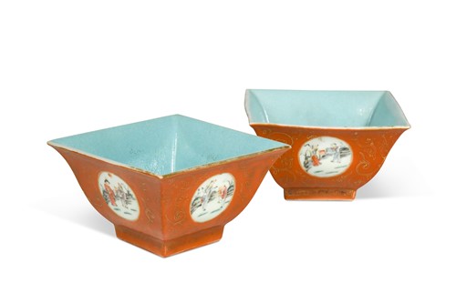 Lot 3 - A pair of Chinese coral ground bowls, Qing Dynasty, early 19th century