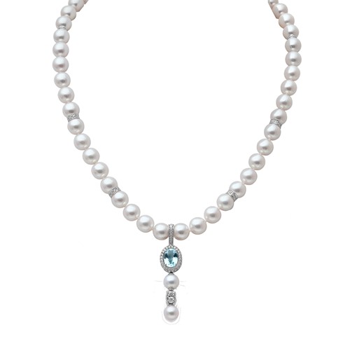 Lot 251 - A cultured pearl necklace with a paraiba tourmaline and diamond pendant