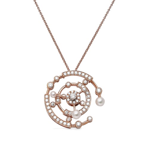 Lot 247 - A rose coloured diamond and pearl set 'tourbillon' pendant and chain
