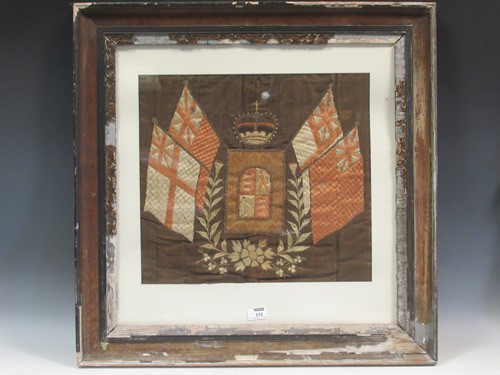 Lot 172 - A silk-work embroidered heraldic panel 40 x 44cm