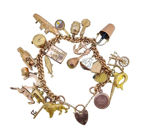 Lot 150 - A 9ct gold charm bracelet with assorted charms