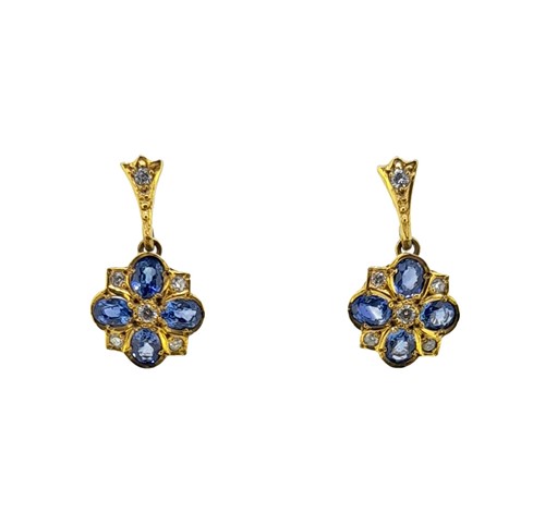 Lot 193 - A pair of sapphire and diamond ear pendants