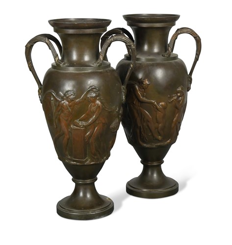 Lot 495 - A pair of bronzed classical urns, 19th century