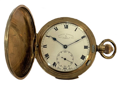 Lot 354 - Thomas Russell, Liverpool - A gold plated quarter repeating full hunter pocket watch