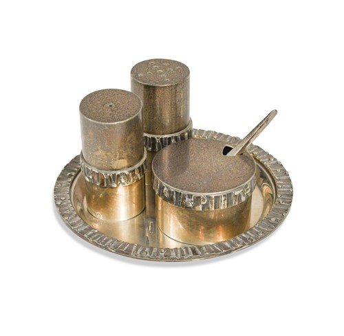 Lot 182 - Brian Asquith (1930-2008), a modern silver three-piece condiment set and tray