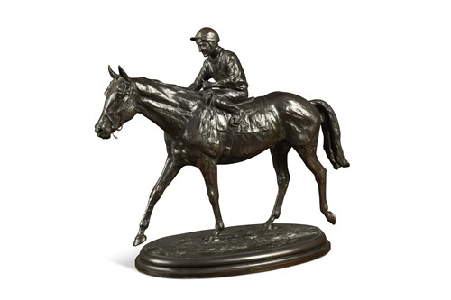 Lot 187 - Jean Clagett (American, contemporary), a bronze study of a racehorse with jockey up