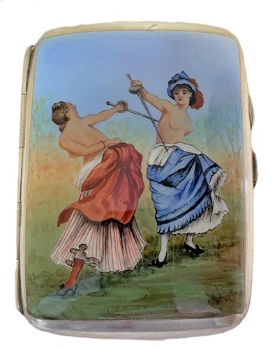 Lot 454 - A George V silver cigarette case with enamelled scene