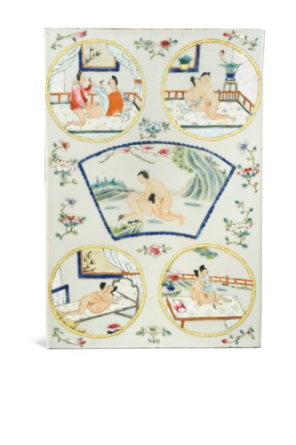 Lot 17 - A Chinese porcelain erotic subject plaque, mid 20th century