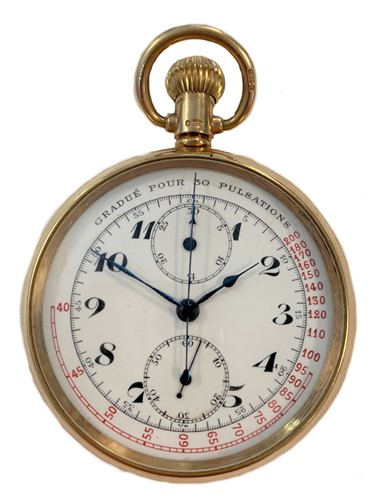 Lot 339 - Unsigned - A 9ct gold chronograph and pulseometer open faced pocket watch