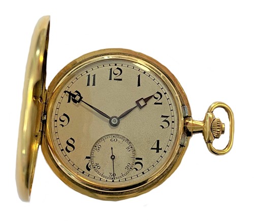Lot 359 - Unsigned - A Swiss 18ct gold full hunter dress pocket watch