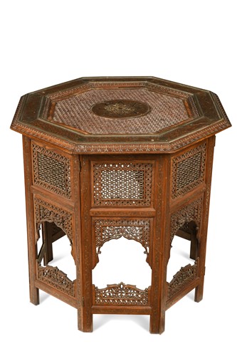 Lot 637 - A Hoshiapur pierced and brass-inlaid teak occasional table, circa 1880