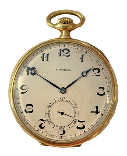 Lot 347 - Longines - A Swiss 18ct gold open faced pocket watch with an unusual two-piece case