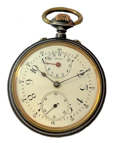 Lot 327 - Unsigned - A base metal open faced pocket watch with alarm function