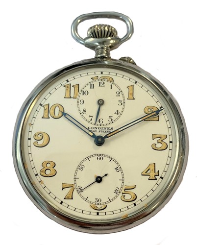 Lot 325 - Longines - A base metal open faced pocket watch with alarm function