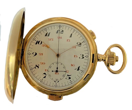 Lot 356 - Unsigned - A Swiss 18ct gold minute repeating chronograph full hunter pocket watch