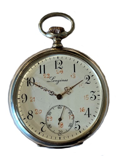 Lot 320 - Longines - A Swiss silver open faced pocket watch