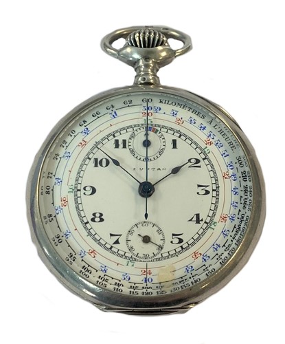 Lot 328 - Duncan (?) - A Swiss silver open faced pocket watch with chronograph and tachometer
