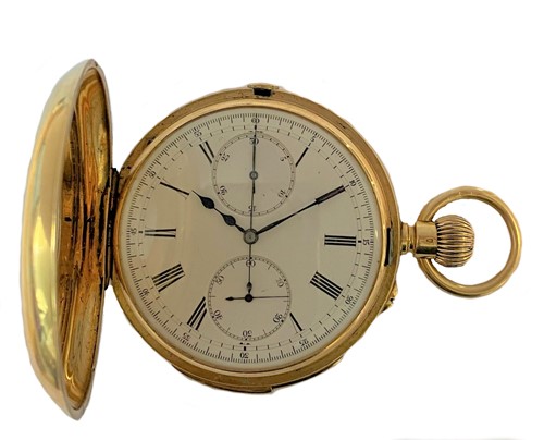 Lot 352 - Unsigned - A Swiss 18ct gold minute repeating chronograph half hunter pocket watch