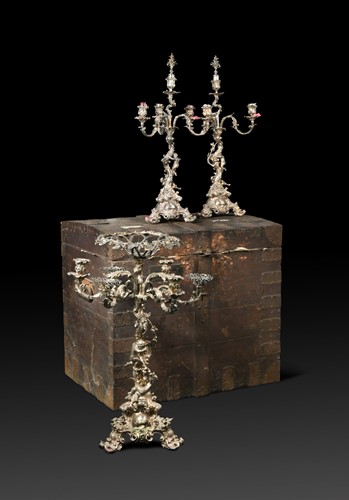 Lot 500 - A Victorian silver plated table centrepiece with a pair of candelabra and fitted travelling trunk