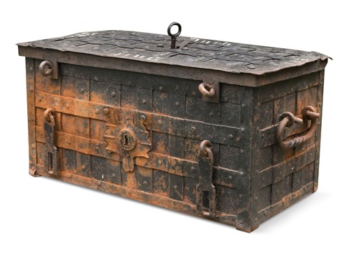 Lot 388 - A cast iron Armada chest, 18th century