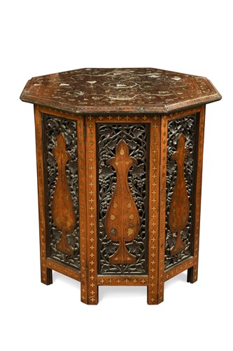 Lot 576 - A Moorish style brass inlaid hardwood occasional table, 20th century