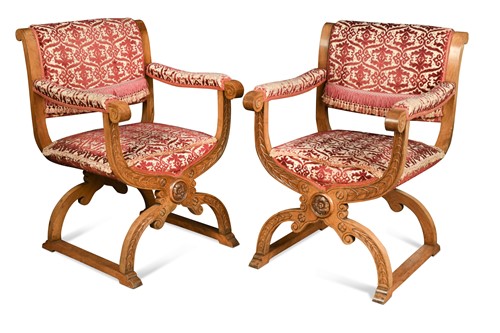 Lot 344 - Pair of Edwardian walnut Savonarola chairs in the 17th century style