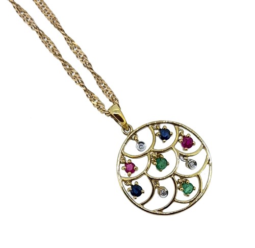Lot 108 - A 9ct gold sapphire, ruby, emerald and diamond pendant and chain