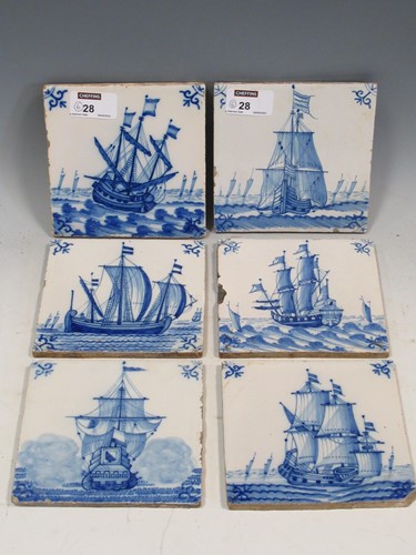 Lot 28 - Six Delft blue and white tiles, decorated with...