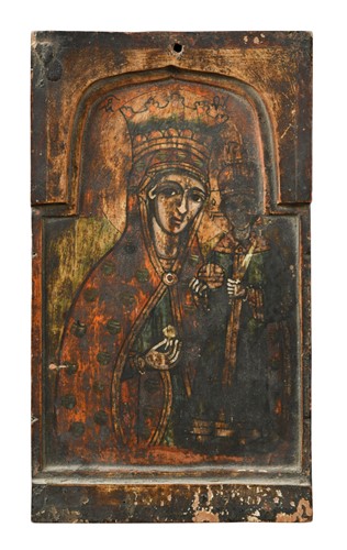 Lot 95 - A religious panel with Madonna and child...