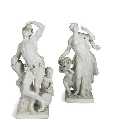 Lot 579 - A pair of Meissen white glazed figures of Bacchus and Ceres