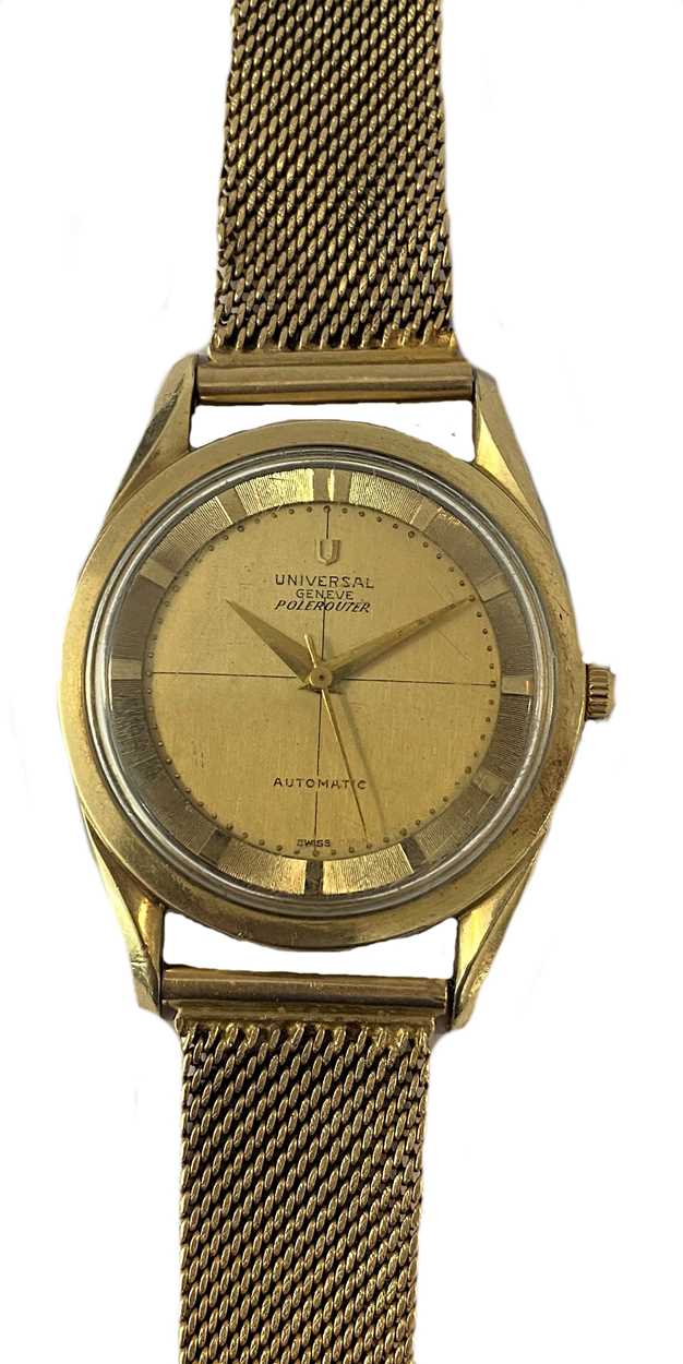 Lot 413 - Universal, Genève - A gold plated 'Polerouter' wristwatch on a later bracelet stamped 14K