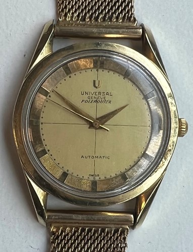 Lot 413 - Universal, Genève - A gold plated 'Polerouter' wristwatch on a later bracelet stamped 14K