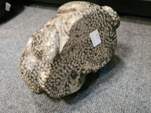 Lot 96 - A Chinese green pudding stone marble crouched hare, in Tang Dynasty style
