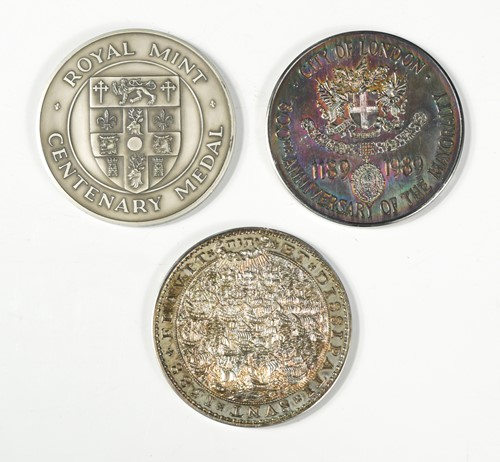 Lot 177 - Three Royal Mint Centenary silver medals, hall...