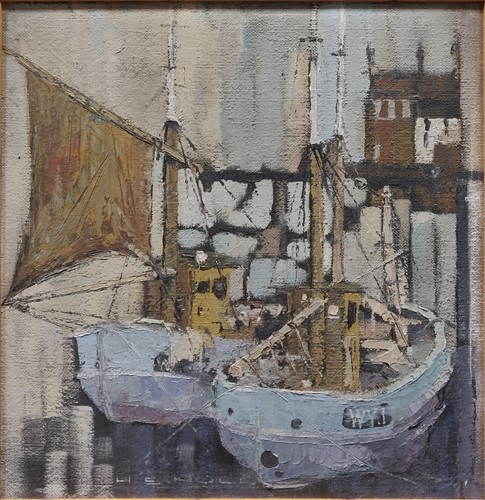 Lot 288 - H. E. Hull boats in a harbour oil on canvas...