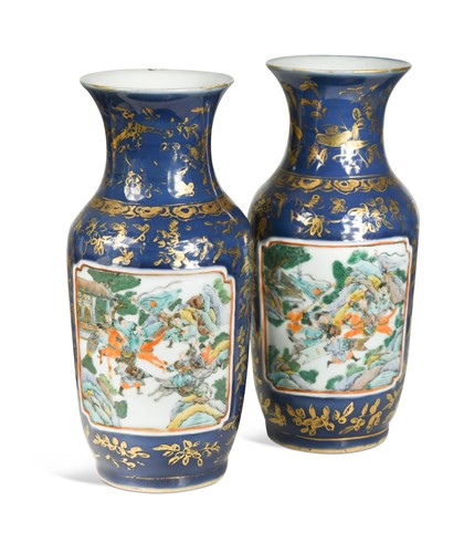 Lot 46 - A pair of Chinese export 'famille verte' blue ground vases, Qing Dynasty, 19th century