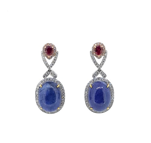 Lot 268 - A pair of tanzanite, ruby and diamond ear pendants