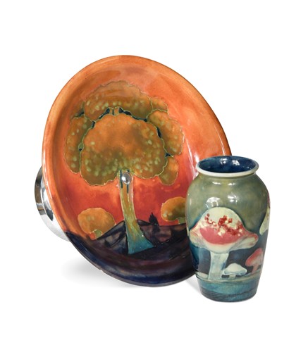 Lot 56 - A Moorcroft Eventide pattern tazza and a small Claremont pattern vase