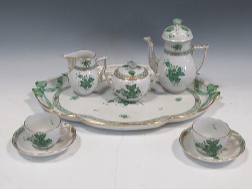 Lot 24 - A Herend green bouquet pattern tete-a-tete...