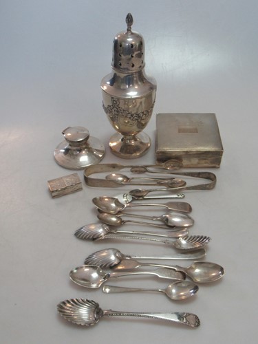 Lot 249 - A silver sugar caster, table cigarette box,...