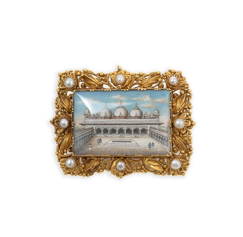 Lot 183 - A 19th century painted miniature split pearl brooch