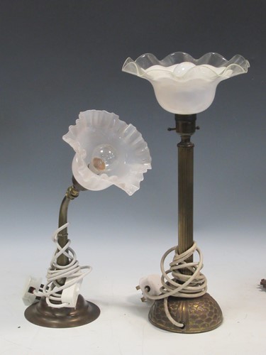 Lot 580 - Two brass table lamps with opaque shades, 44cm...