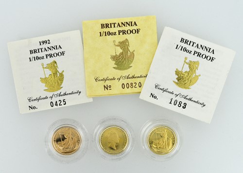 Lot 32 - Three Britannia 1/10th ounce gold proof coins,...