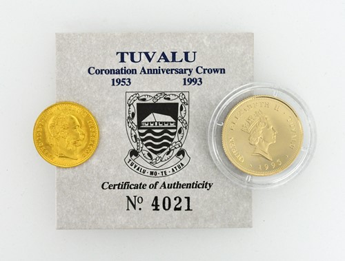 Lot 33 - A 14 carat gold $100 Tuvalu Coronation Crown...