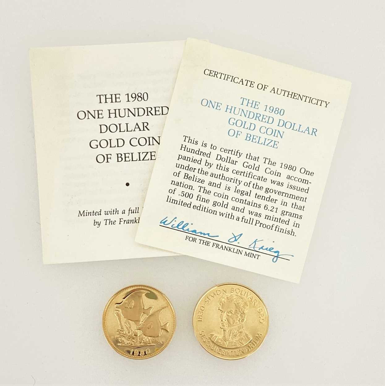 Lot 34 - Franklin Mint 1980 Belize $100 gold coin...