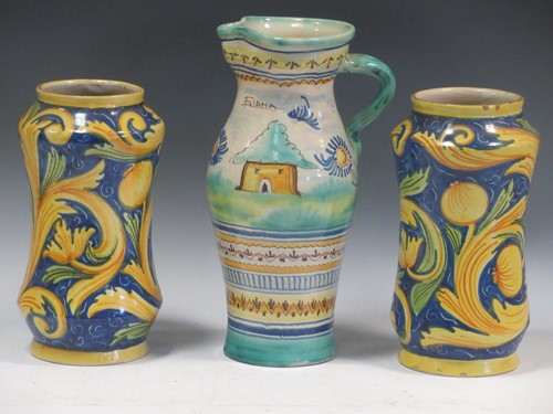 Lot 28 - A pair of Albarello tin glaze jars, 25cm tall,...