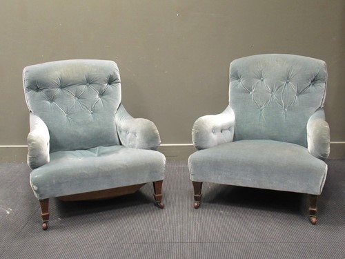 Lot 584 - A pair of Edwardian blue easy armchairs (2)