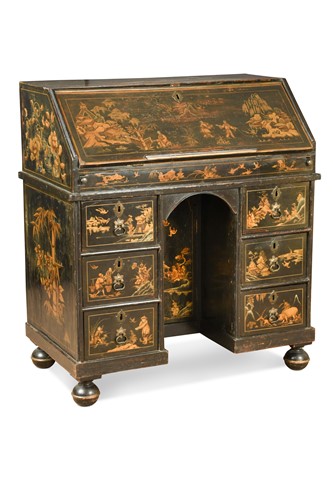 Lot 368 - A William and Mary chinoiserie decorated black and gilt japanned kneehole desk